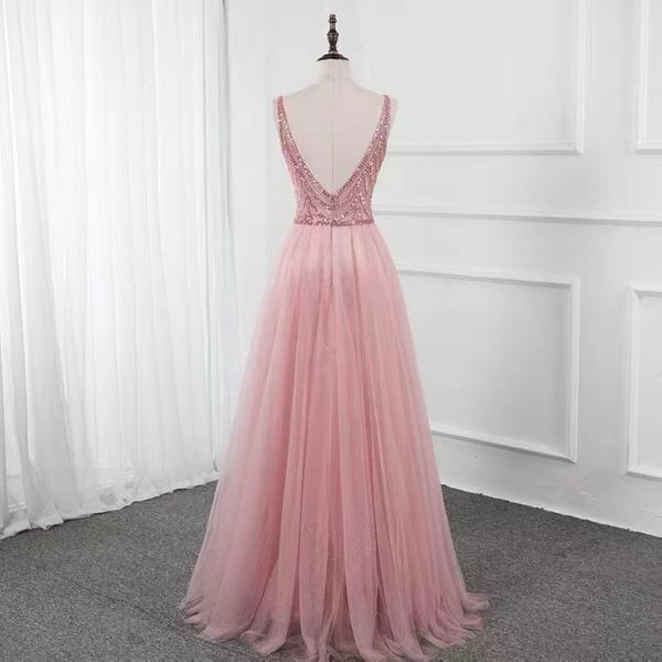 Abendkleid aus Tüll mit Blüten-Applikationen in rosa, blau